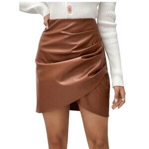 Women's M Brown Bodycon Mid Rise Faux Leather Short Wrap Ruched Skirt Tulip Hem